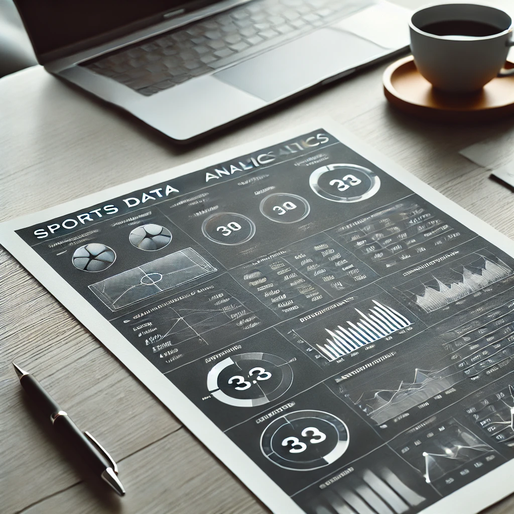 DALL·E 2024-12-30 12.15.43 - A close-up view of a modern desk with a piece of paper showing detailed sports data analytics. The paper includes charts, graphs, and tables with perf